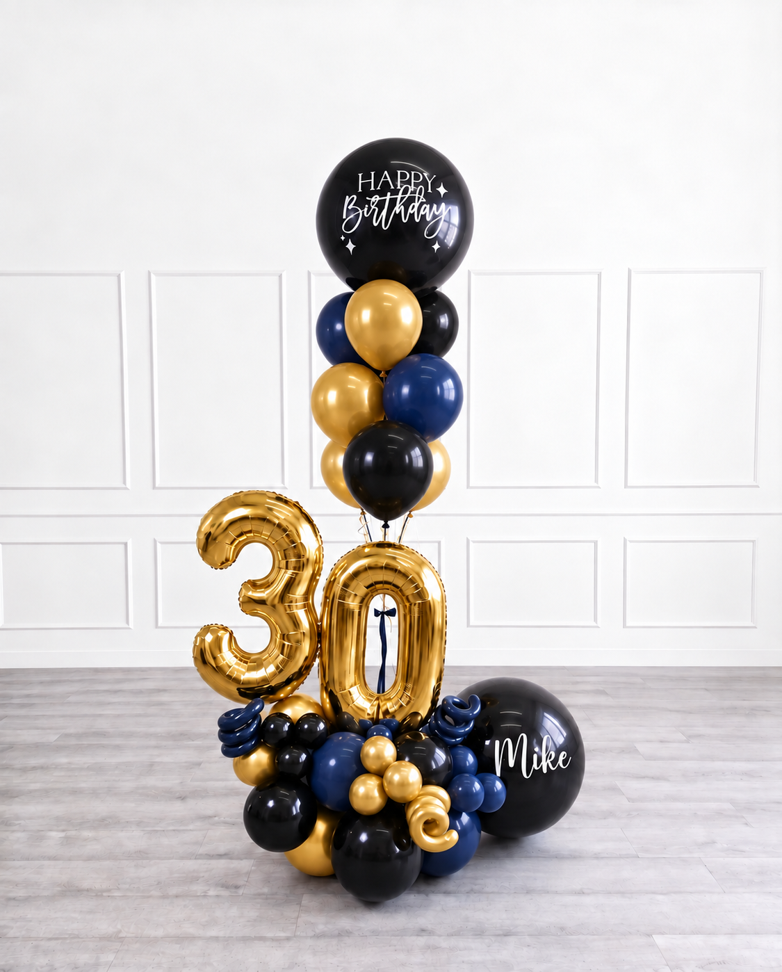 Ana Karina Balloons midnight gold personalized balloon bouquet with classic balloons