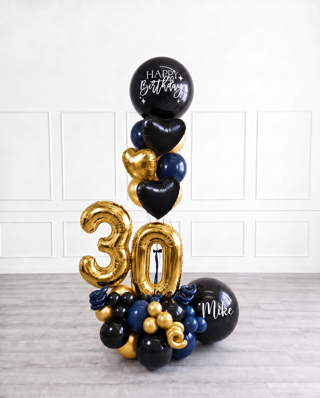 Ana Karina Balloons midnight gold personalized balloon bouquet with foil hearts