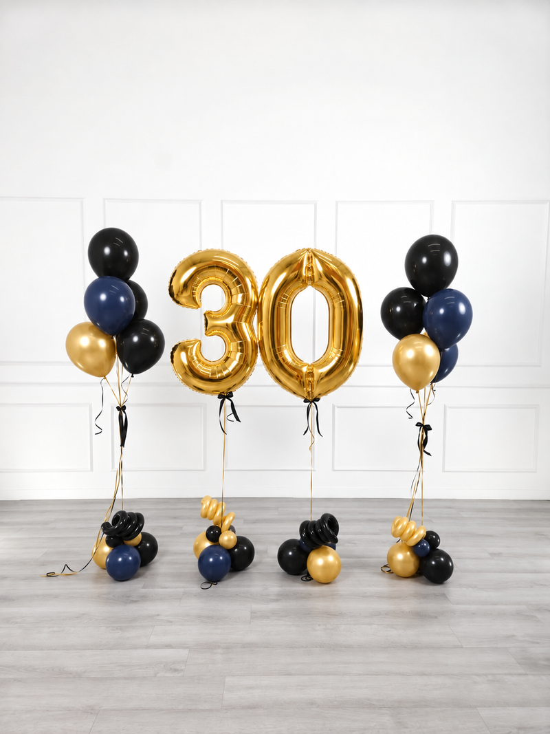Ana Karina Balloons midnight gold milestone number and balloon bunches set