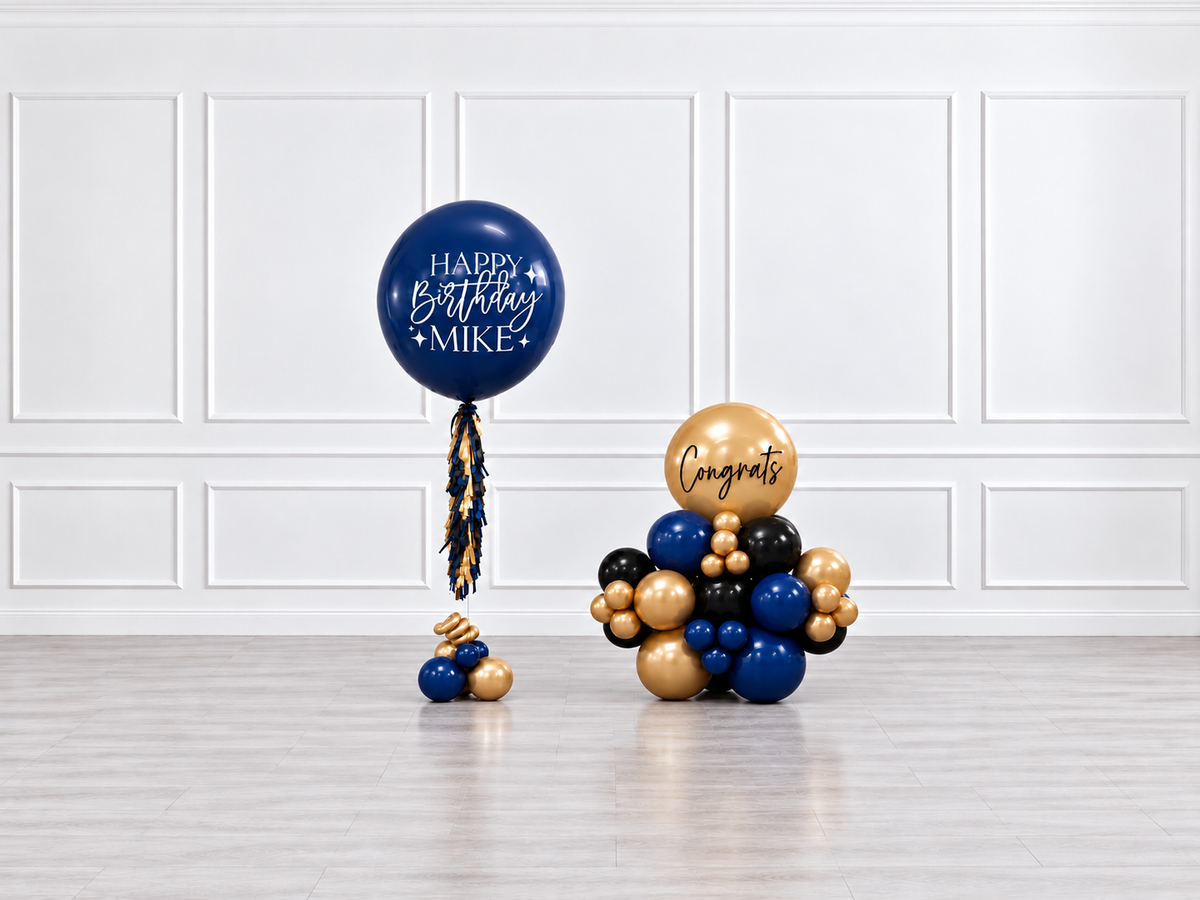 Ana Karina Balloons midnight gold personalized jumbo balloon tassel and stack balloons
