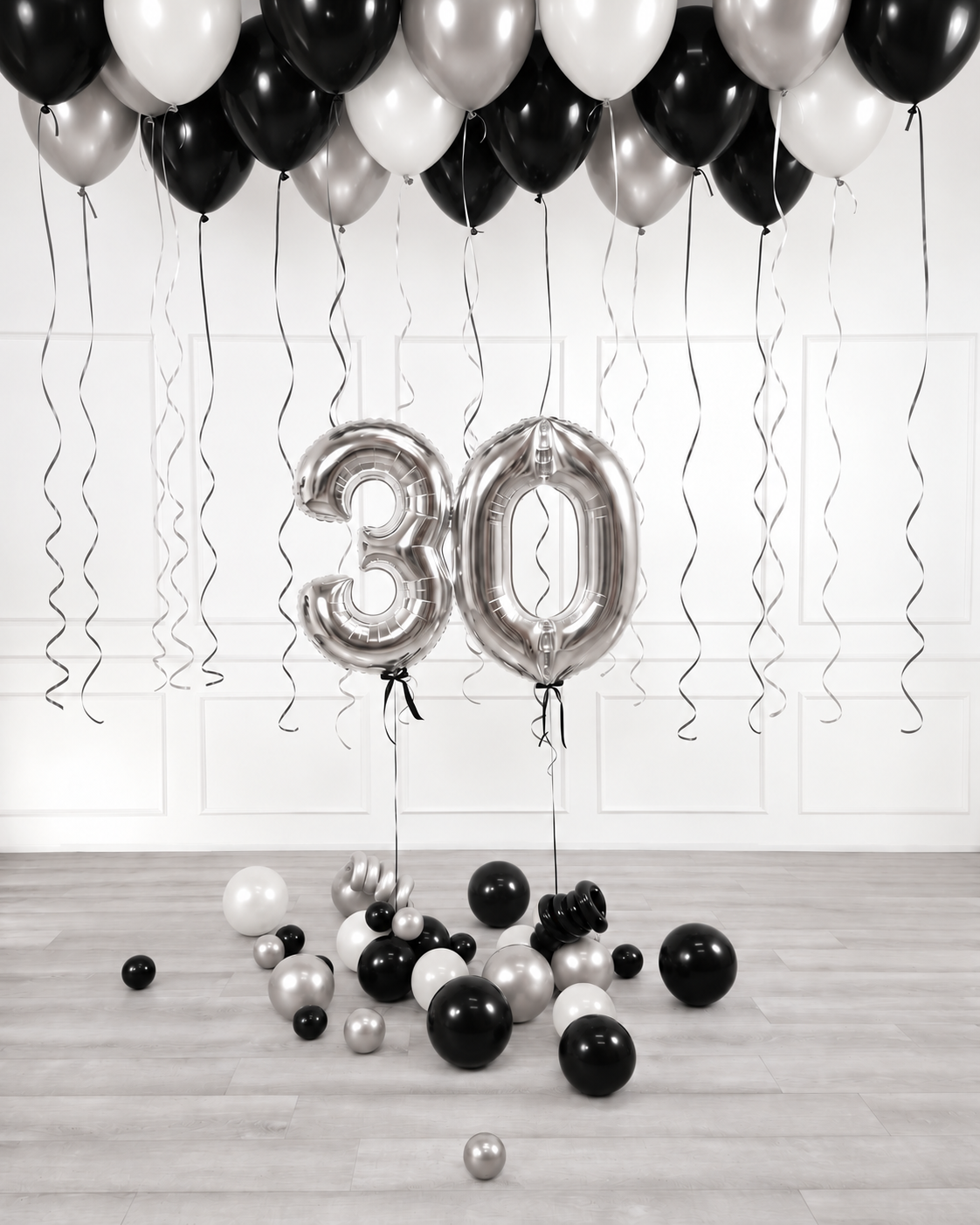 Ana Karina Balloons midnight luxe ceiling balloon arrangement and number set