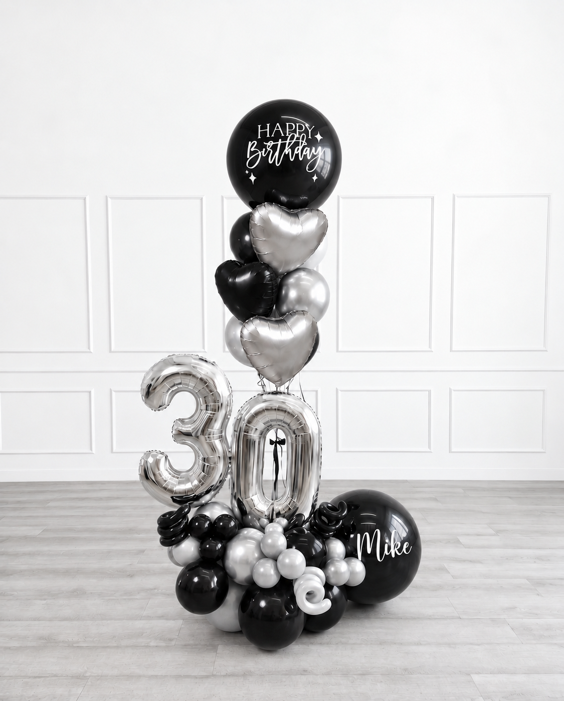 Ana Karina Balloons midnight luxe personalized balloon bouquet with foil hearts