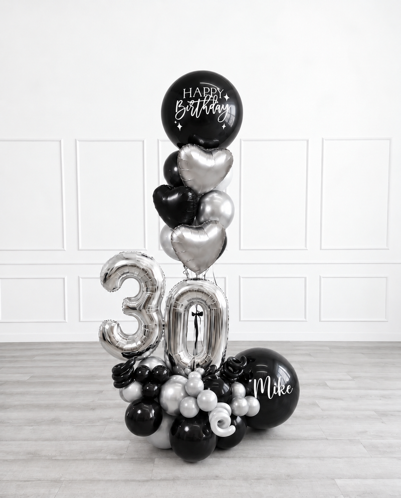 Ana Karina Balloons midnight luxe personalized balloon bouquet with foil hearts