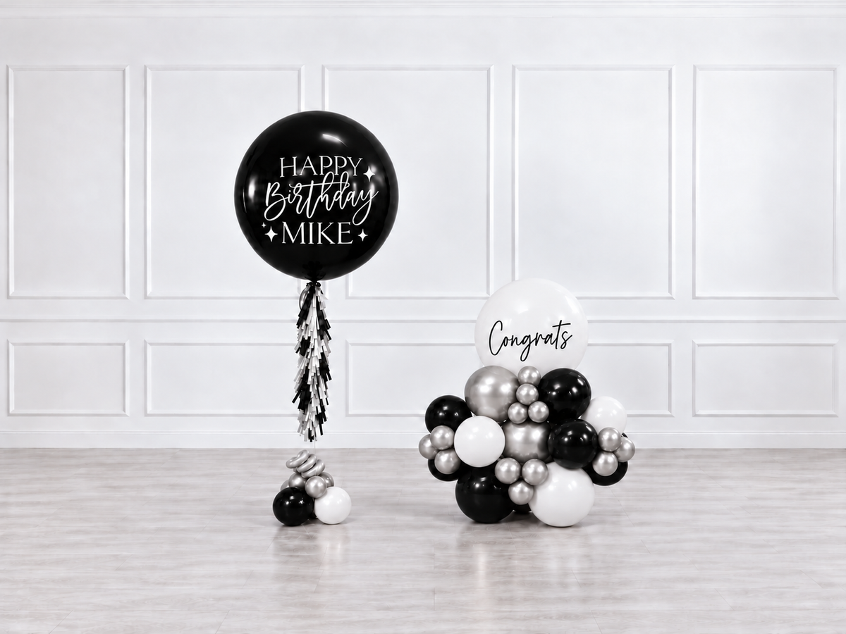 Ana Karina Balloons midnight luxe personalized jumbo balloon tassel and stack balloons