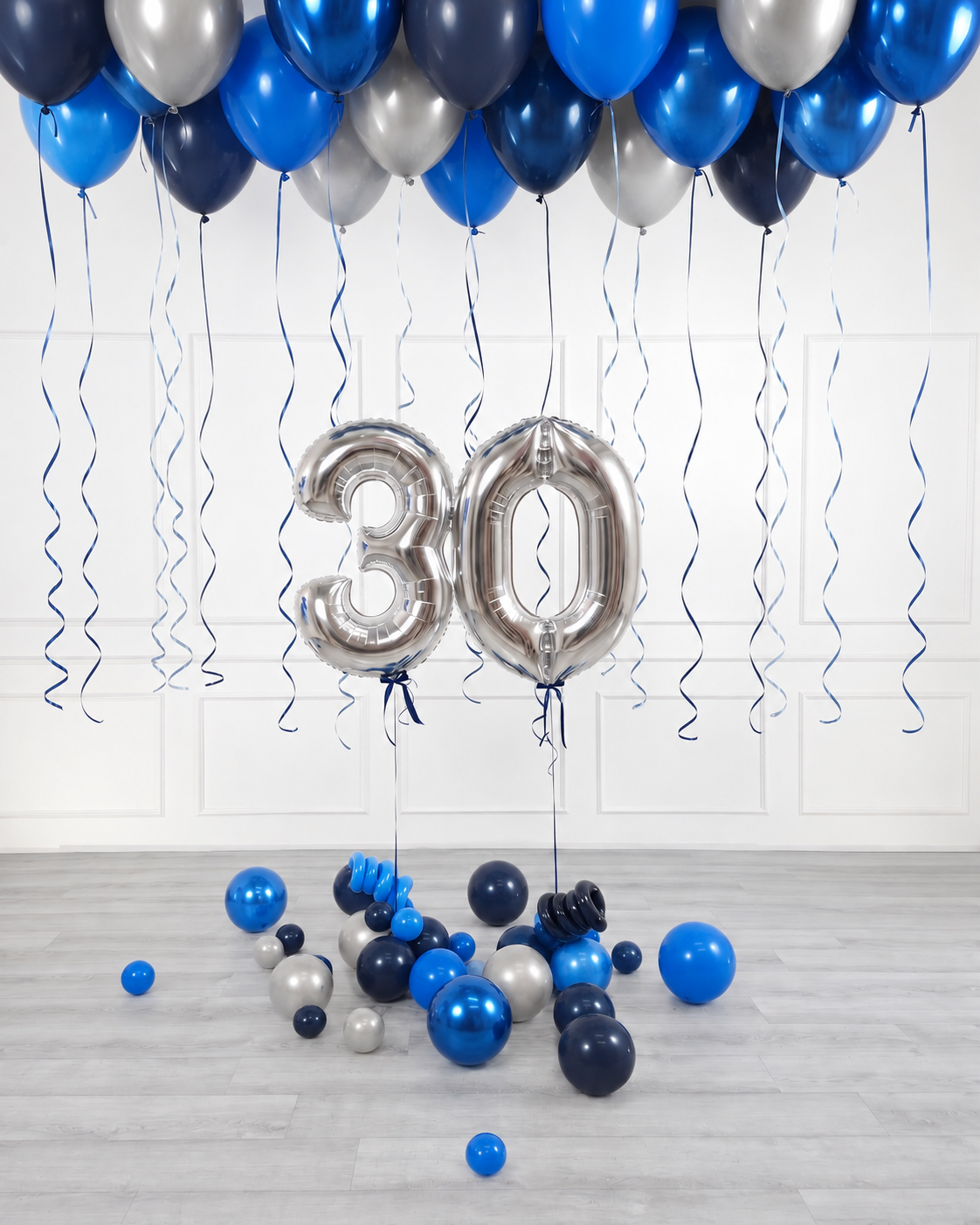 Ana Karina Balloons midnight silver ceiling balloon arrangement and number set