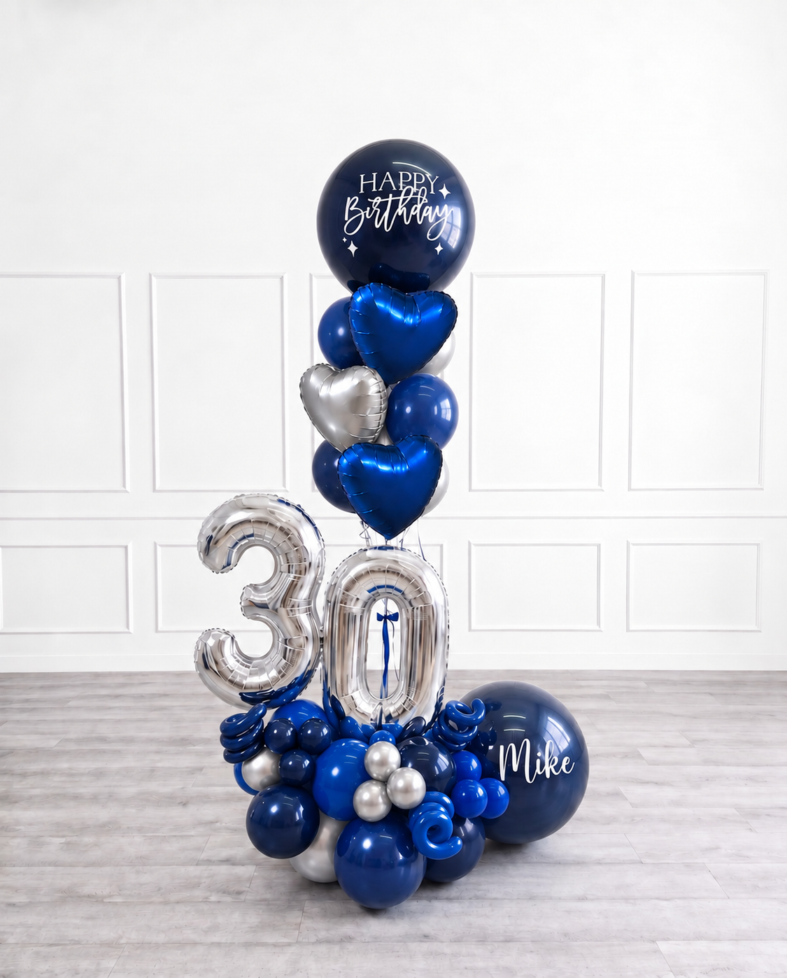 Ana Karina Balloons midnight silver personalized balloon bouquet with foil hearts