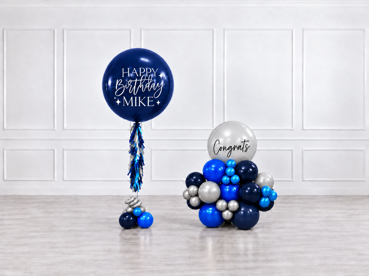Ana Karina Balloons midnight silver personalized jumbo balloon tassel and stack balloons
