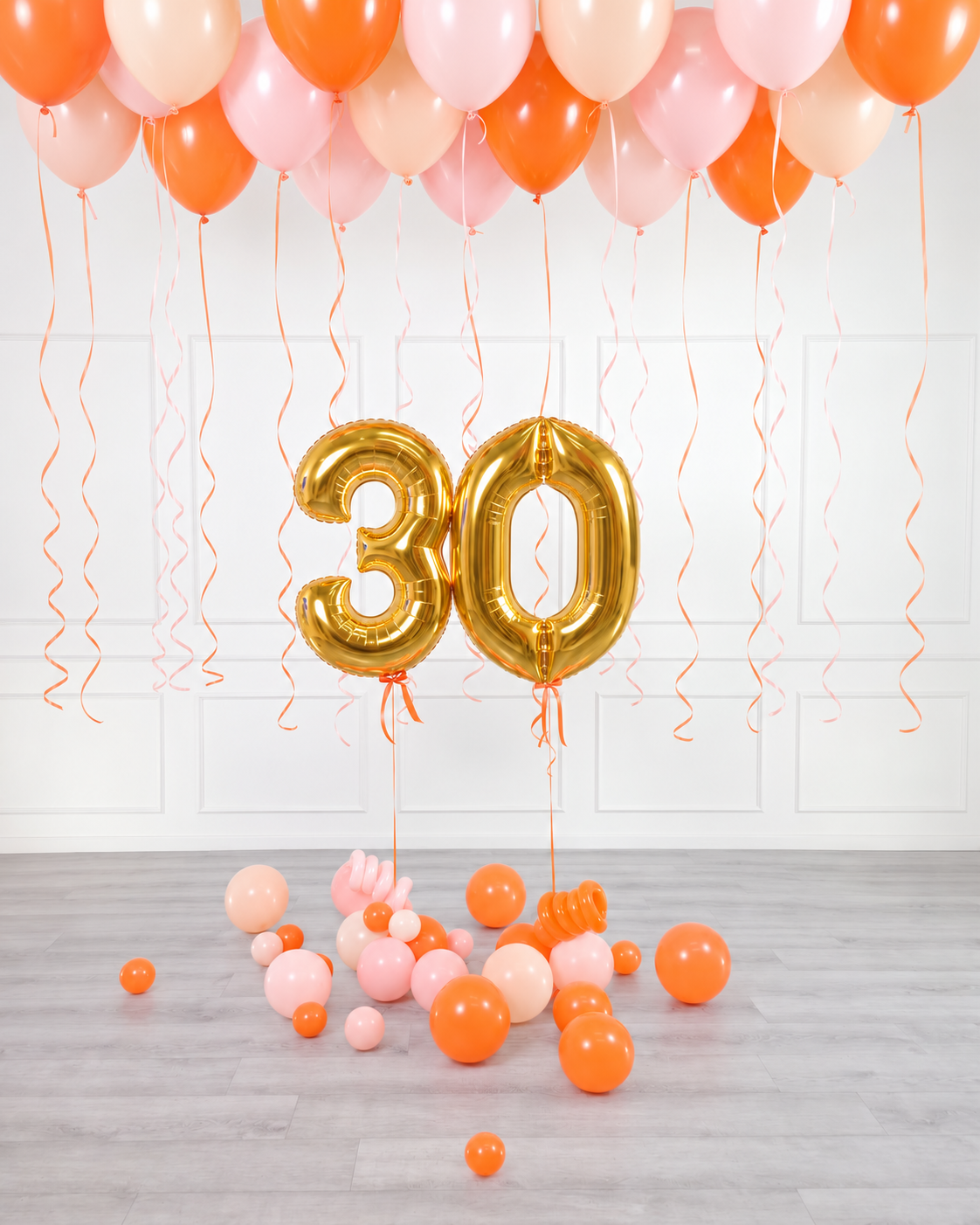 Ana Karina Balloons orange spritz ceiling balloon arrangement and number set
