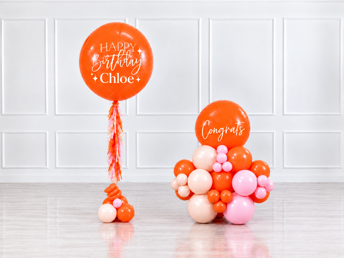 Ana Karina Balloons orange spritz personalized jumbo balloon tassel and stack balloons