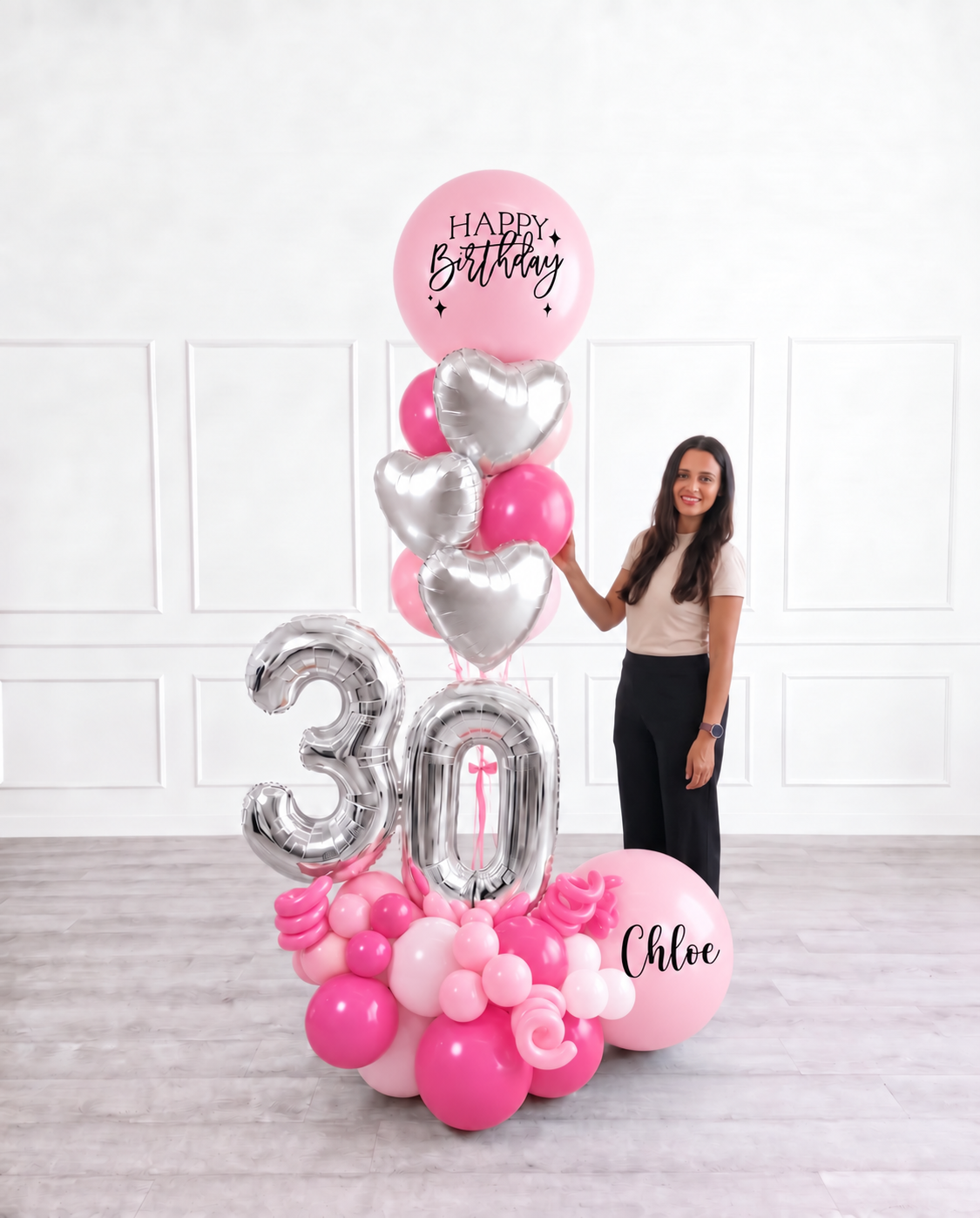 Ana Karina Balloons pink is hot personalized balloon bouquet with foil hearts, additional product image