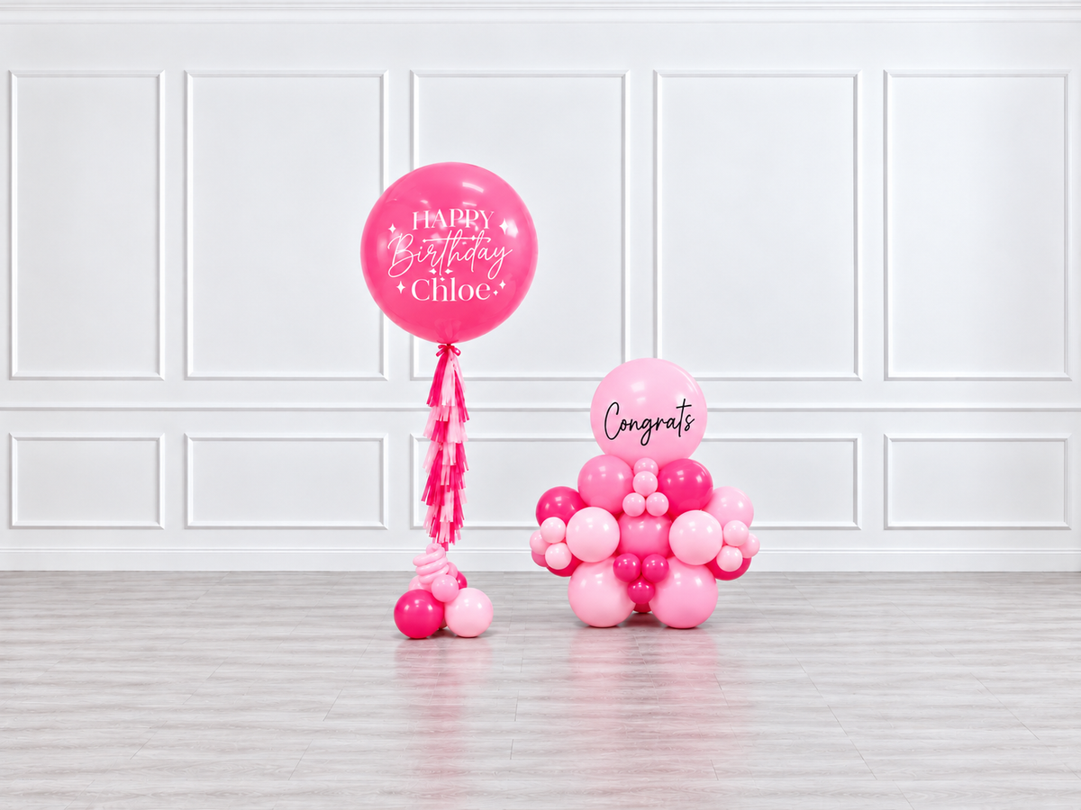 Ana Karina Balloons pink is hot personalized jumbo balloon tassel and stack balloons