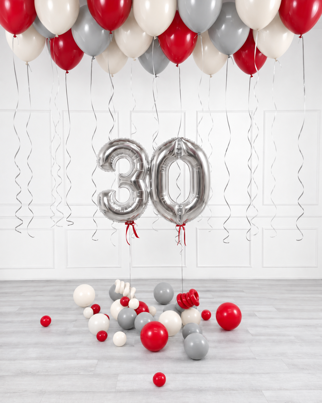 Ana Karina Balloons scarlet frost ceiling balloon arrangement and number set