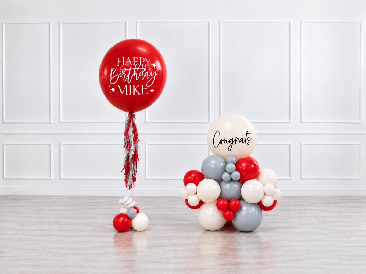 Ana Karina Balloons scarlet frost personalized jumbo balloon tassel and stack balloons