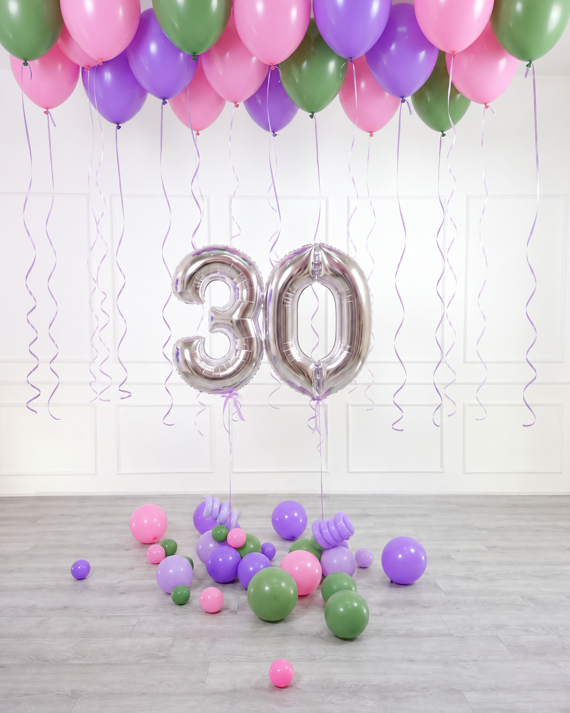 Ana Karina Balloons secret garden ceiling balloon arrangement and number set