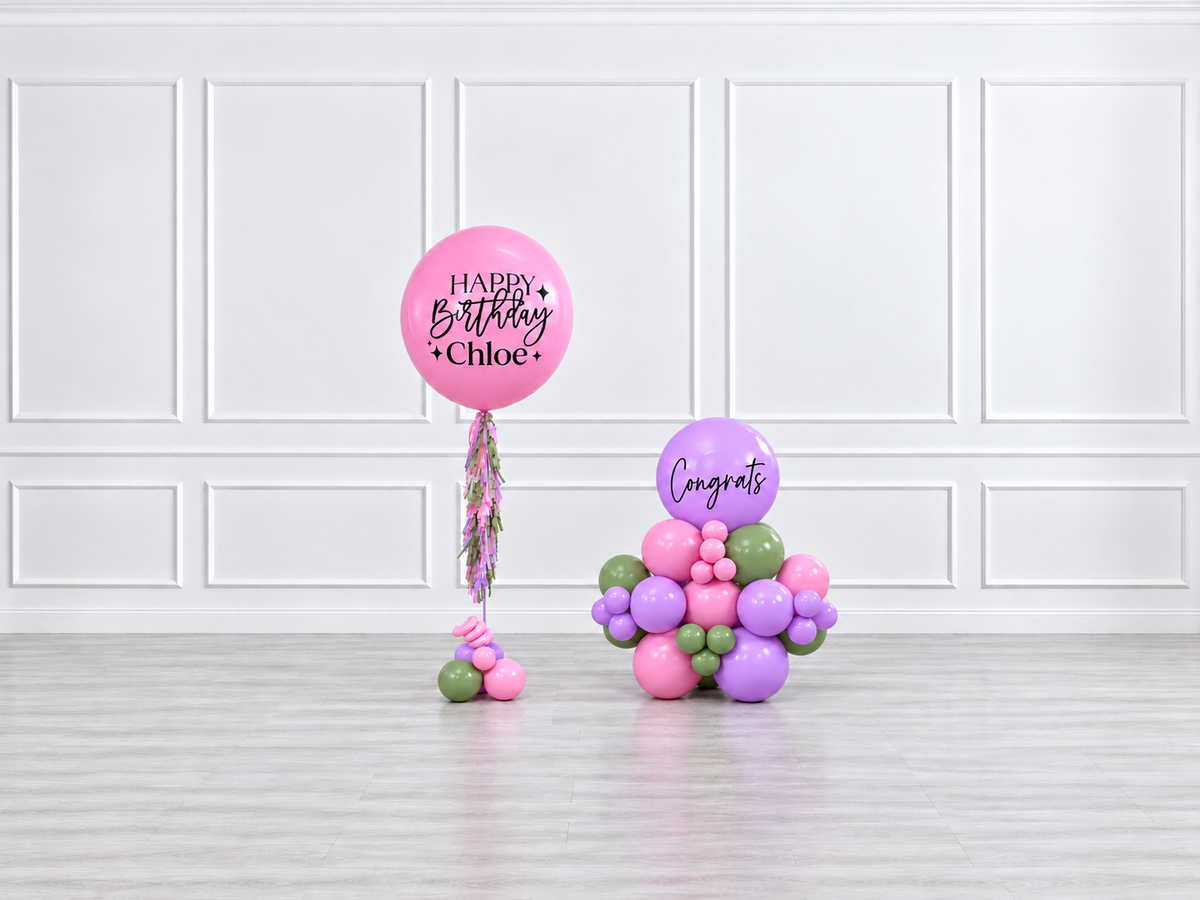 Ana Karina Balloons secret garden personalized jumbo balloon tassel and stack balloons