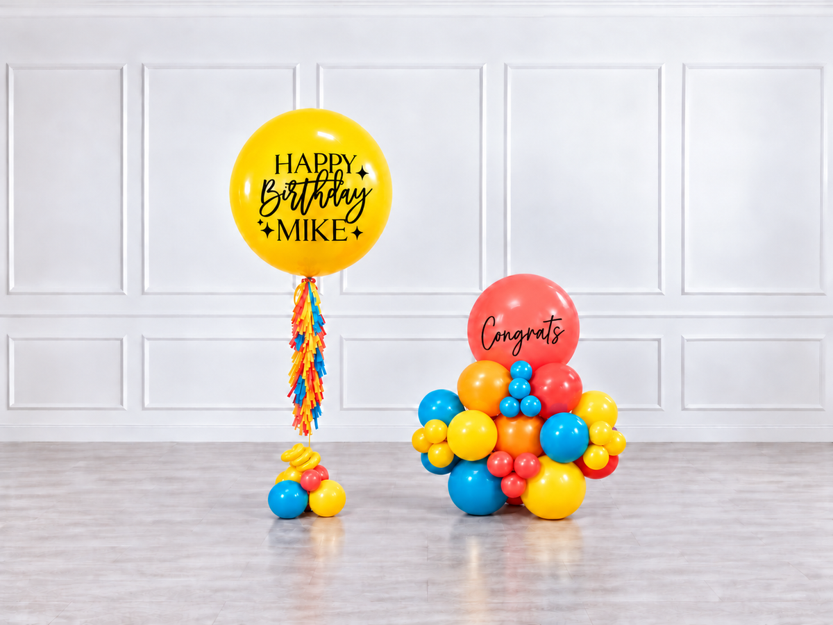 Ana Karina Balloons summer pop personalized jumbo balloon tassel and stack balloons
