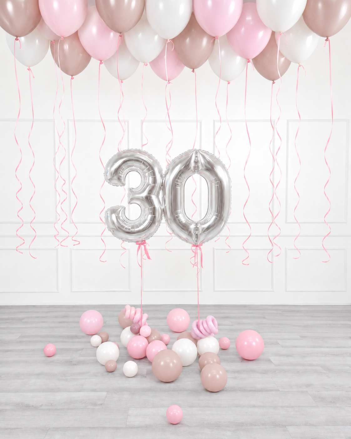 Ana Karina Balloons sweet pink ceiling balloon arrangement and number set