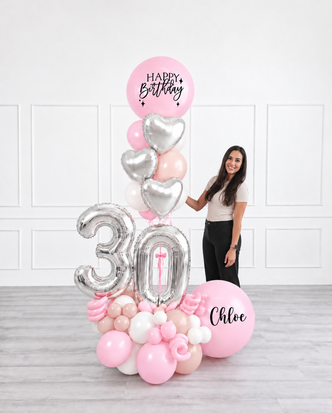 Ana Karina Balloons sweet pink personalized balloon bouquet with foil hearts, additional product image