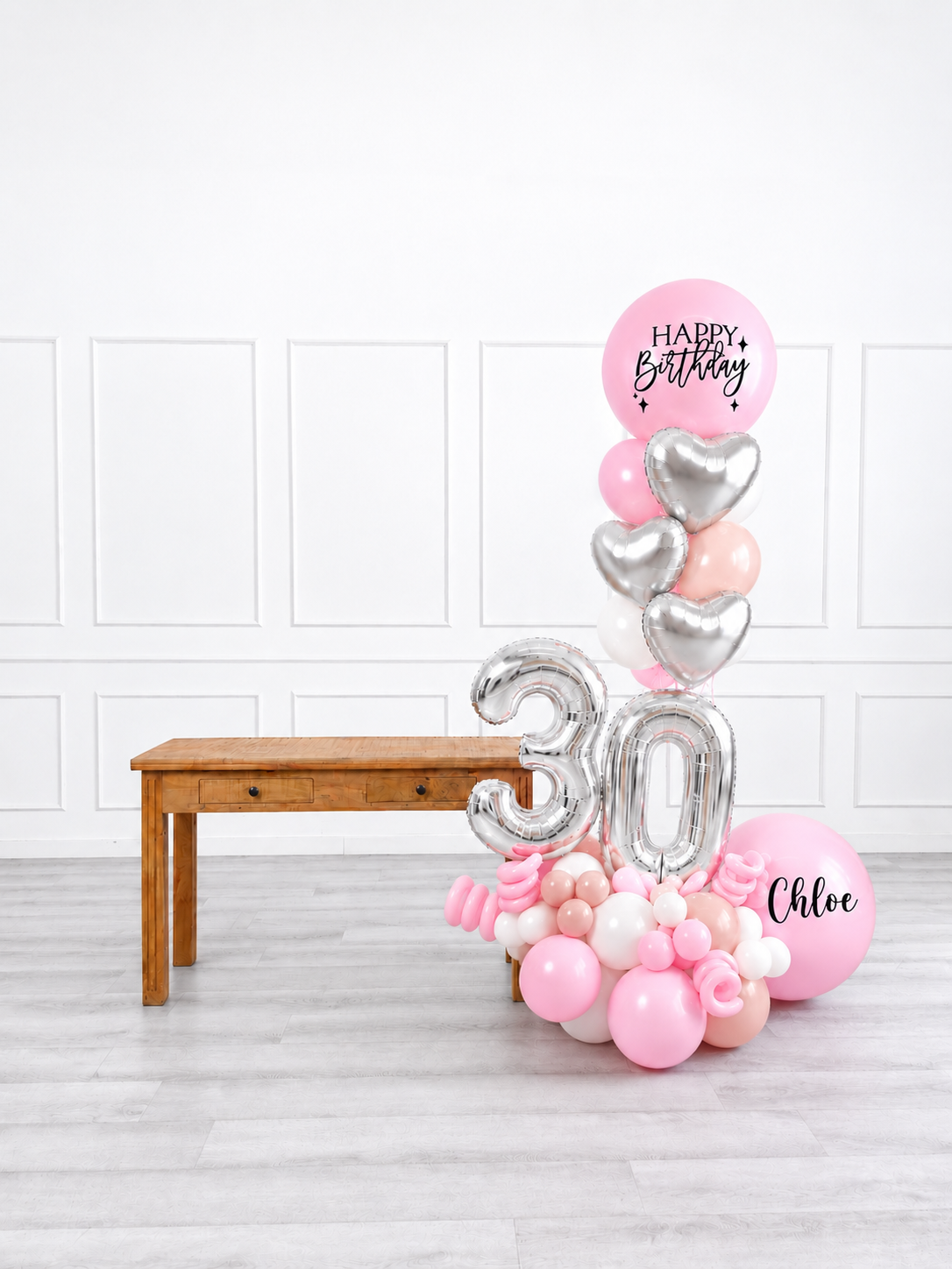 Ana Karina Balloons sweet pink personalized balloon bouquet with foil hearts, additional product image